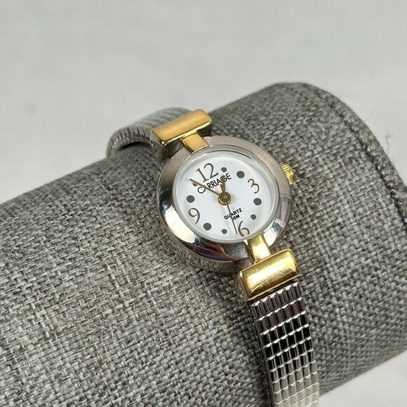 Carriage Timex Watch Womens 20mm White Dial Silver Tone Stretchy New Battery - Picture 1 of 10
